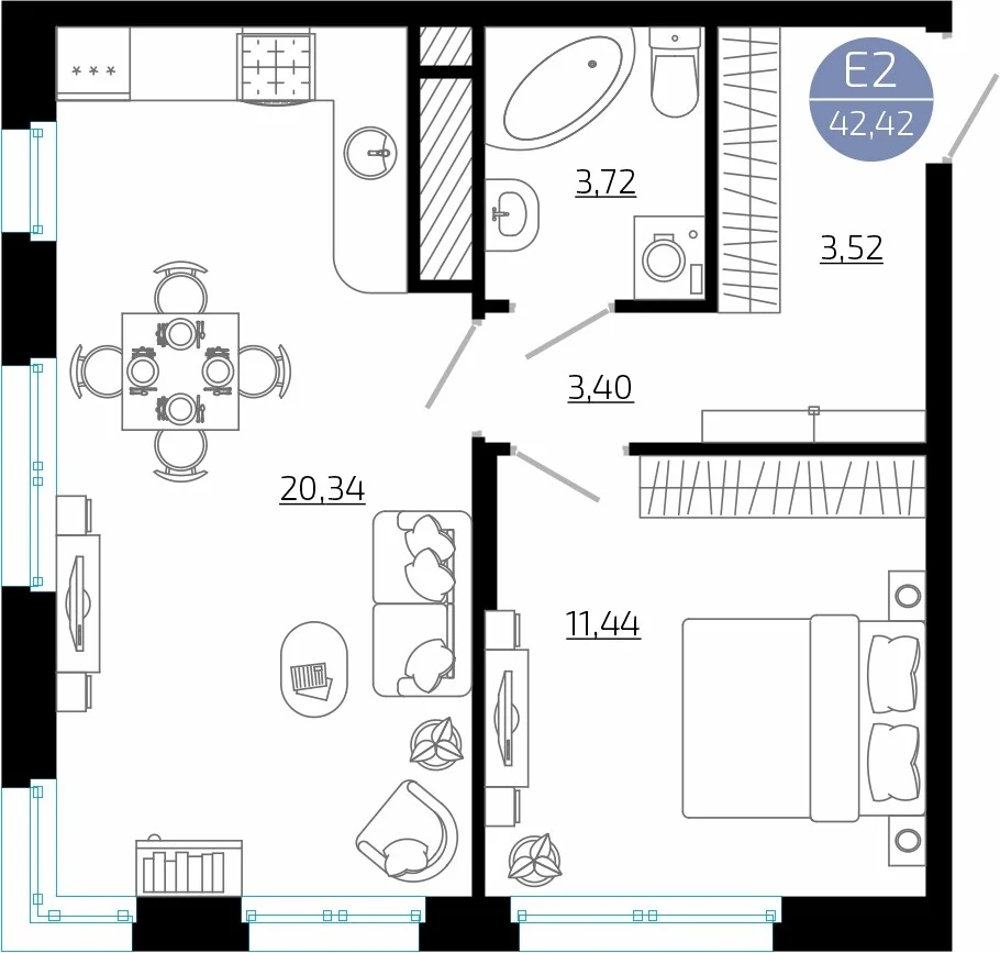 Планировка Квартира с одной спальней и гостиной 20 м² (Евро-2)
