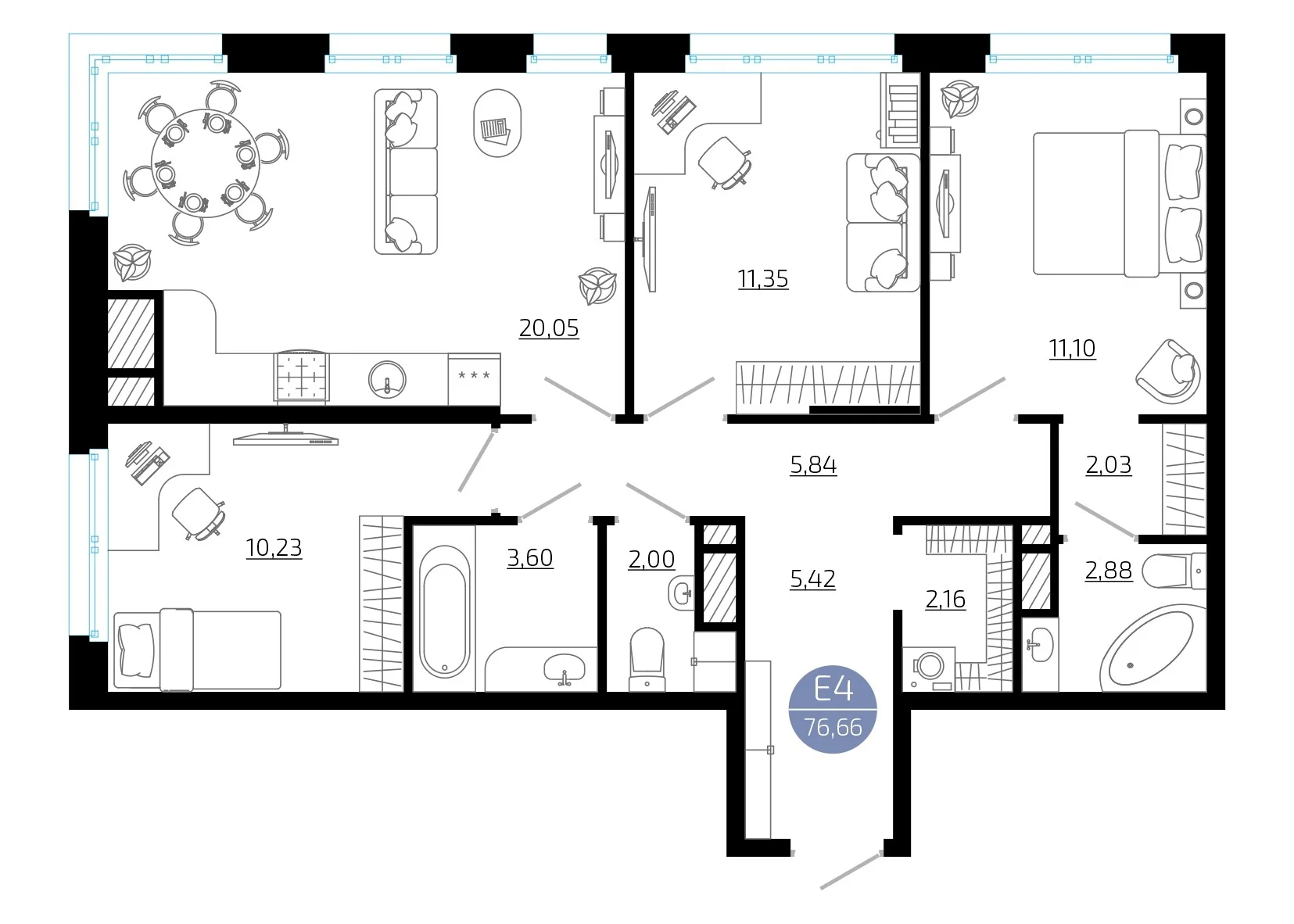 Планировка Квартира с тремя спальнями и гостиной 20 м² (Евро-4)