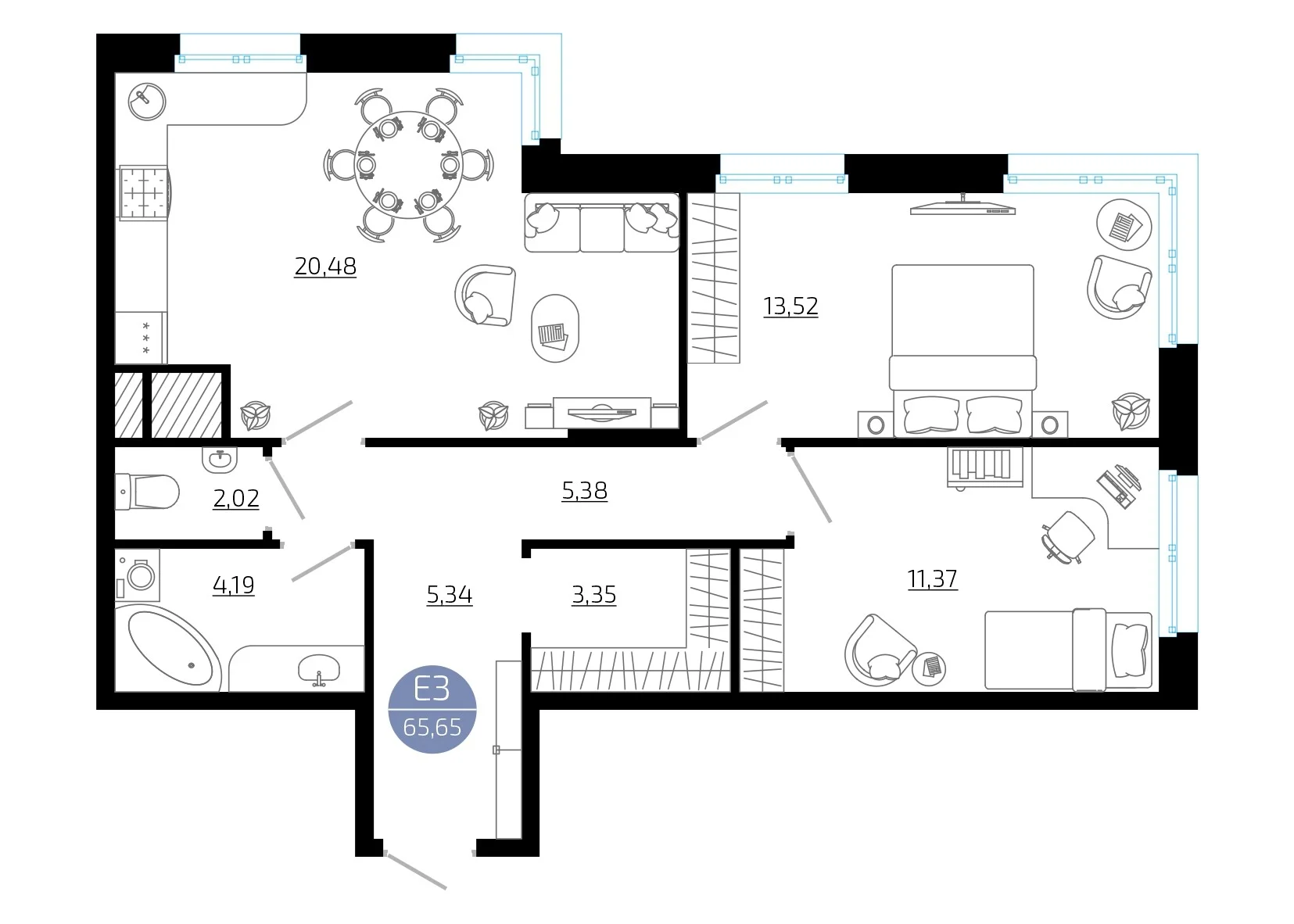 Планировка Квартира с двумя спальнями и гостиной 20 м² (Евро-3)