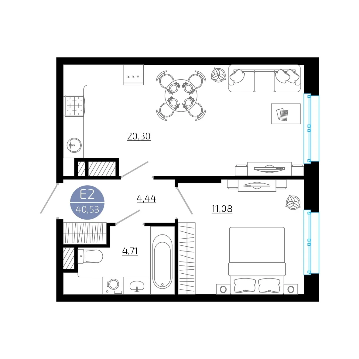 Планировка Квартира с одной спальней и гостиной 20 м² (Евро-2)