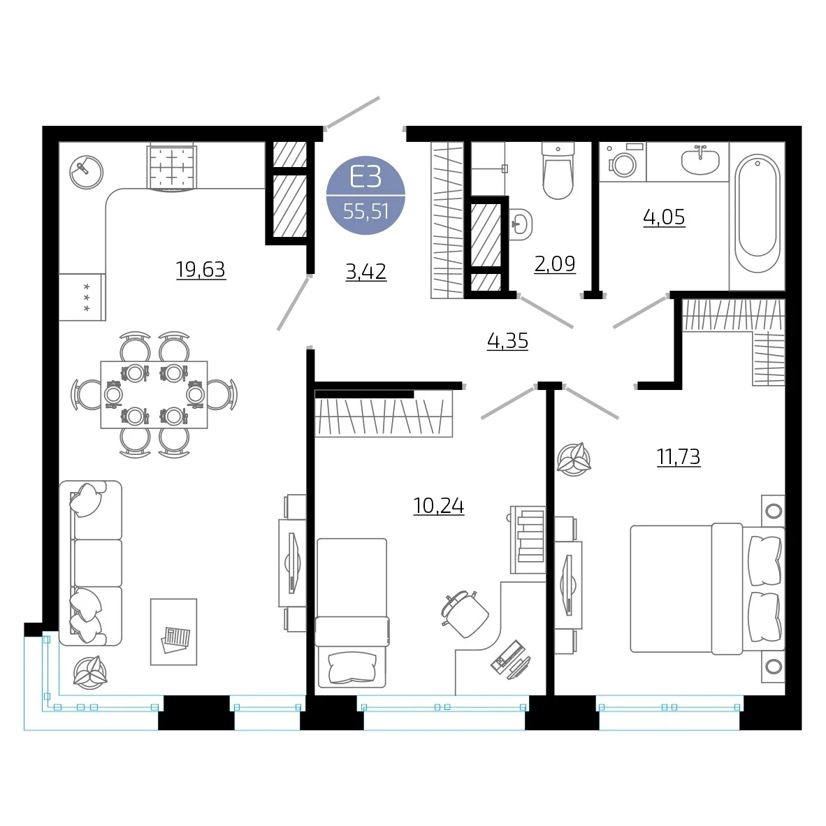 Планировка Квартира с двумя спальнями и гостиной 20 м² (Евро-3)