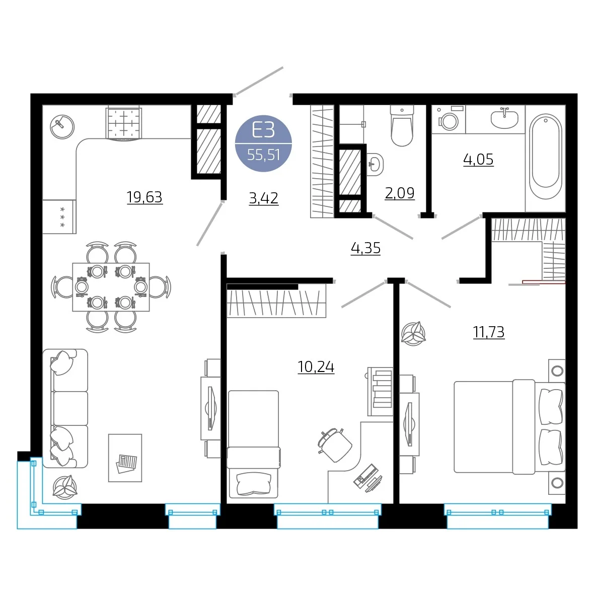 Планировка Квартира с двумя спальнями и гостиной 20 м² (Евро-3)