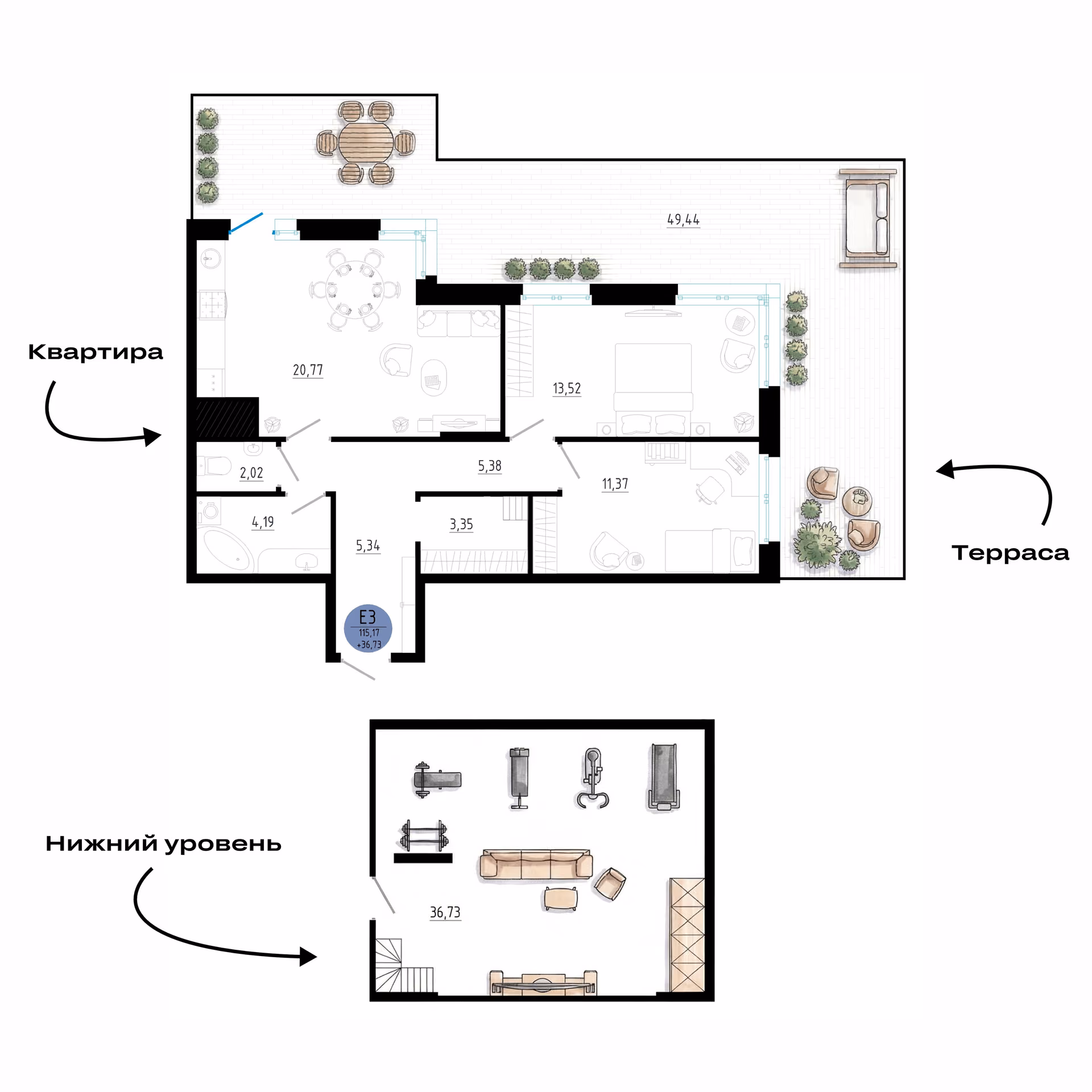 Планировка Квартира с двумя спальнями и гостиной 21 м² (Евро-3)