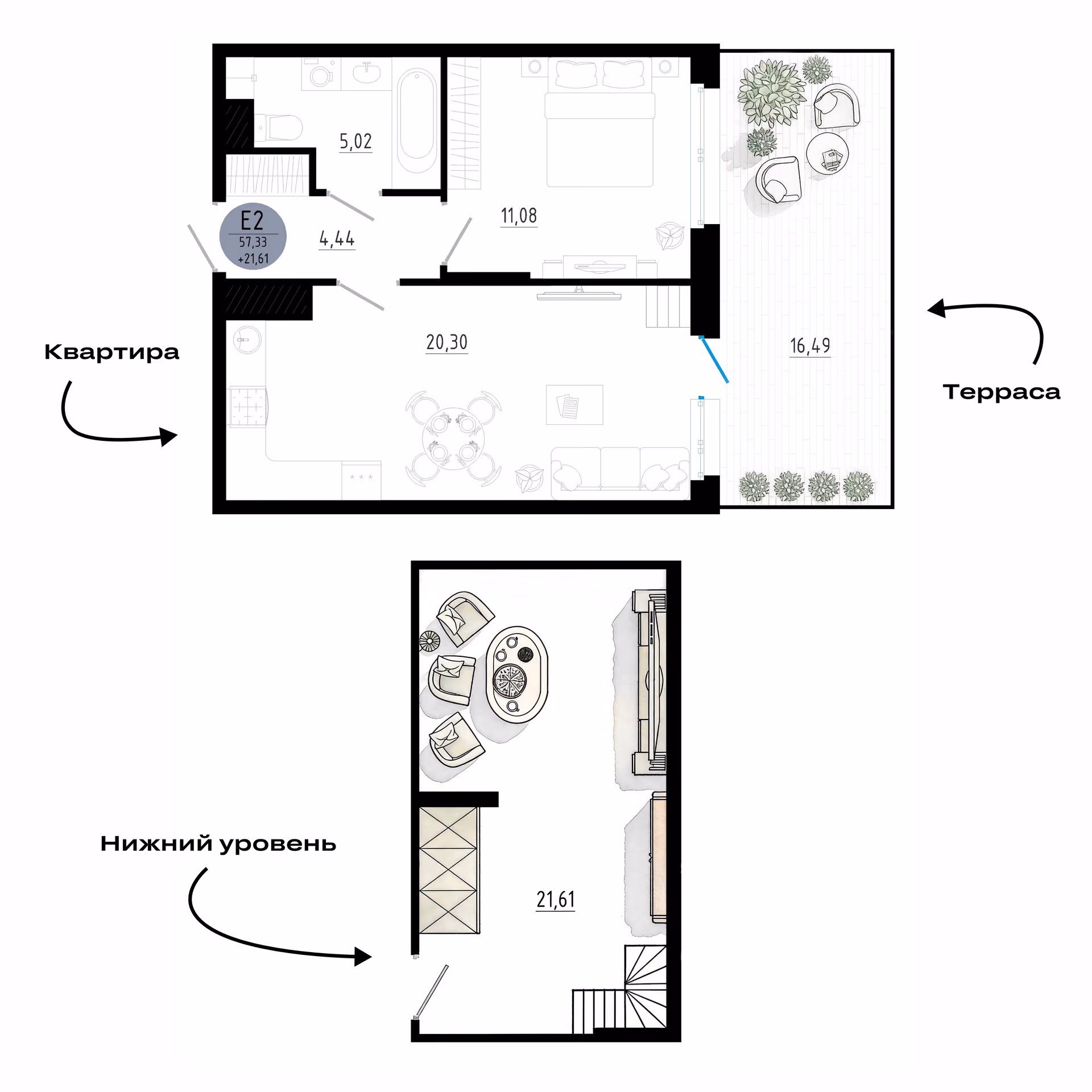 Планировка Квартира с одной спальней и гостиной 20 м² (Евро-2)