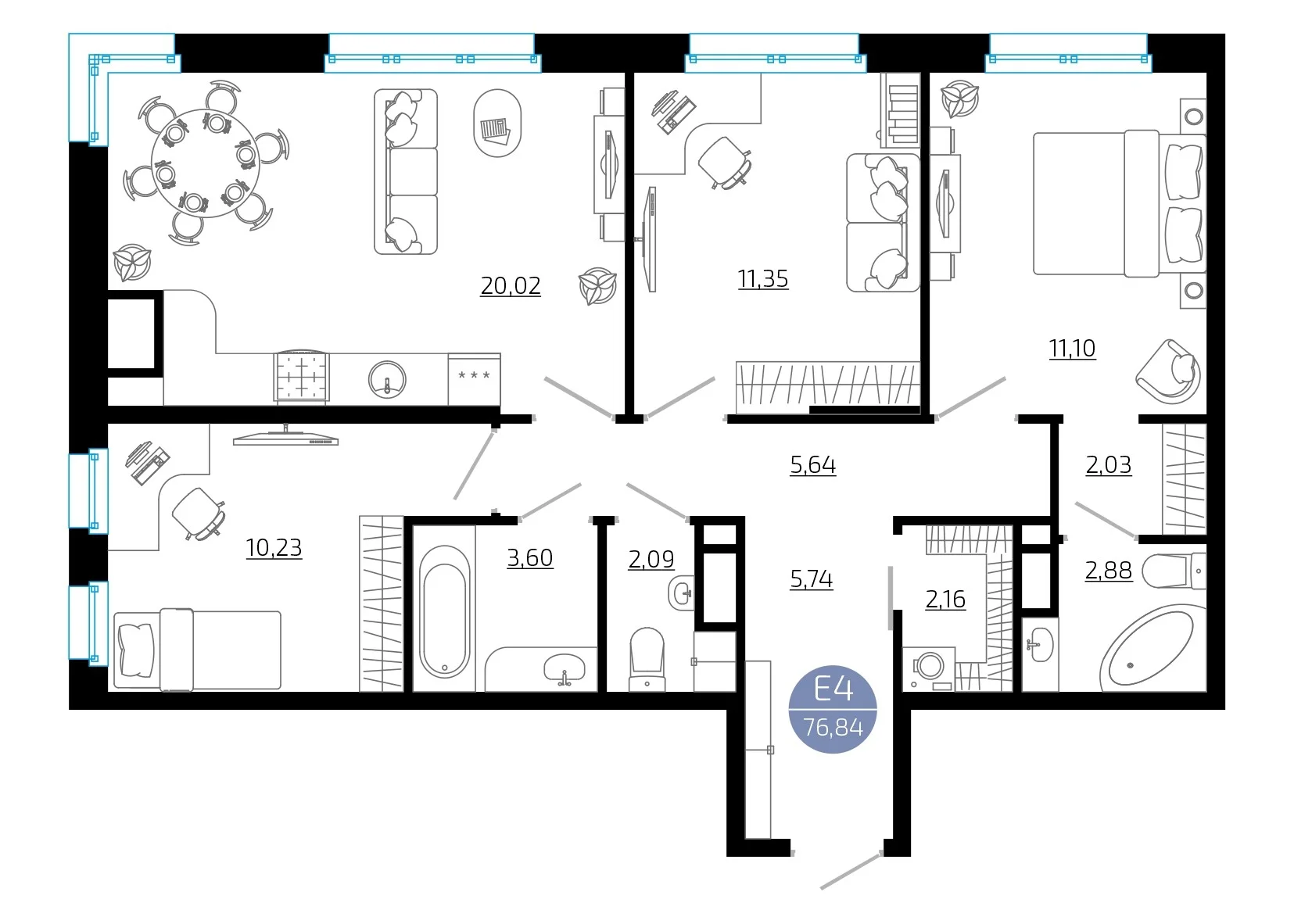 Планировка Квартира с тремя спальнями и гостиной 20 м² (Евро-4)