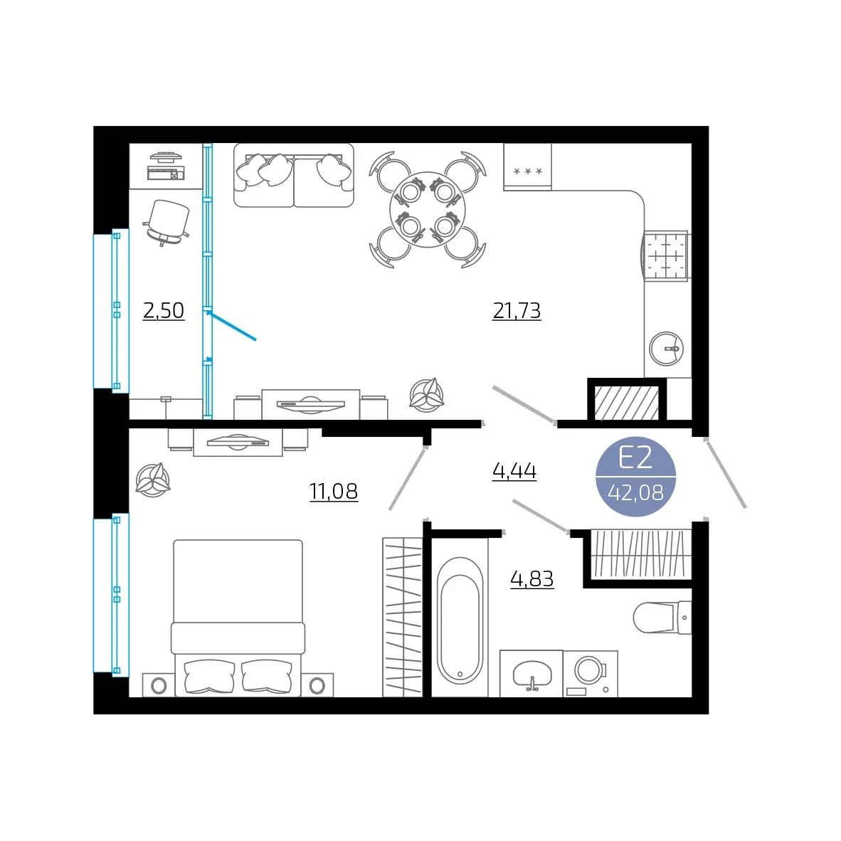 Планировка Квартира с одной спальней и гостиной 22 м² (Евро-2)