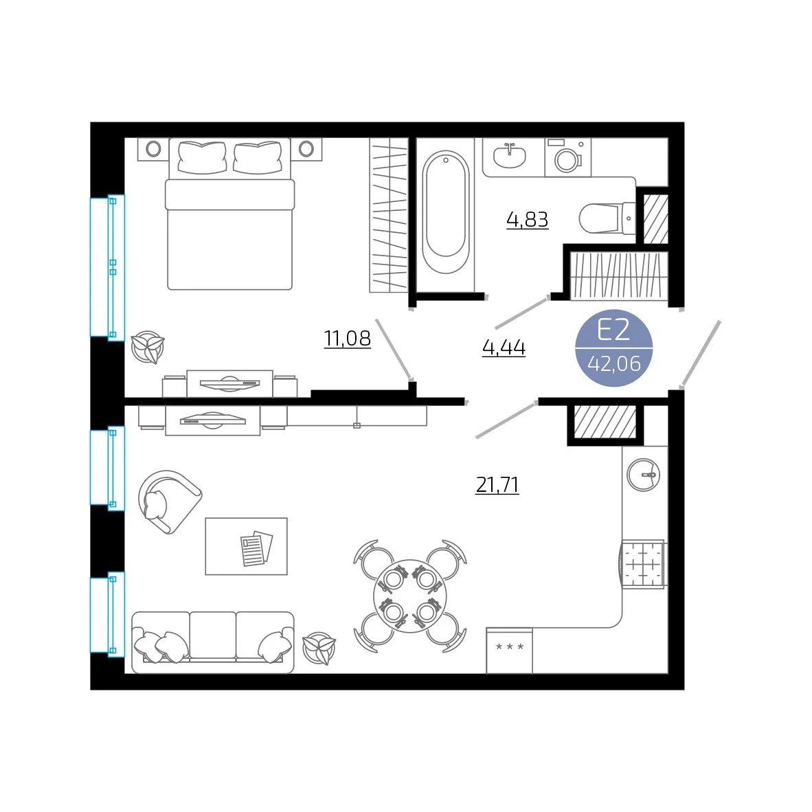 Планировка Квартира с одной спальней и гостиной 22 м² (Евро-2)