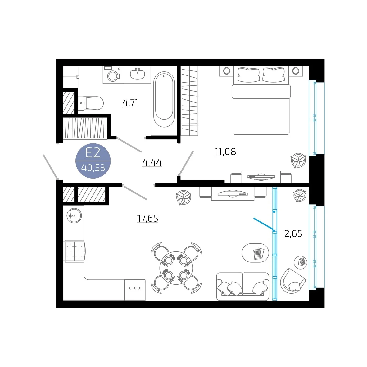 Планировка Квартира с одной спальней и гостиной 20 м² (Евро-2)