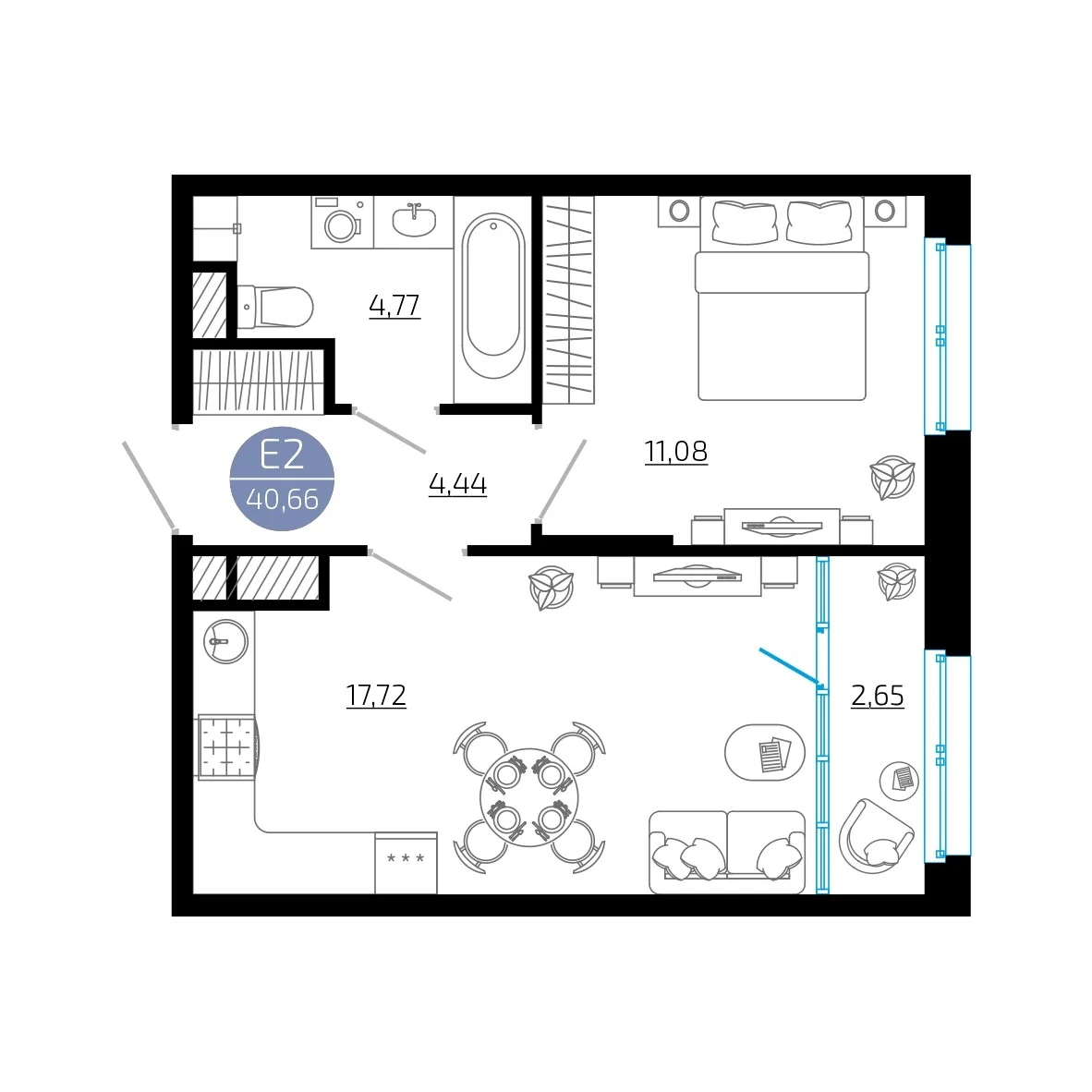 Планировка Квартира с одной спальней и гостиной 20 м² (Евро-2)